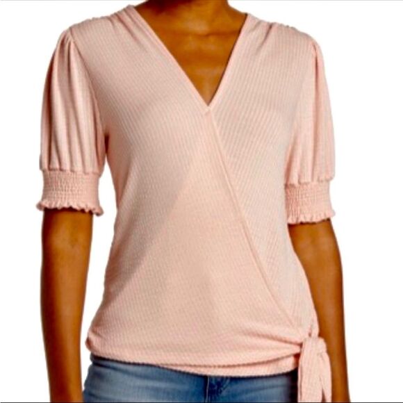 EVERLEIGH Ribbed Puff Sleeves half Wrap Blouse Small - Picture 1 of 10